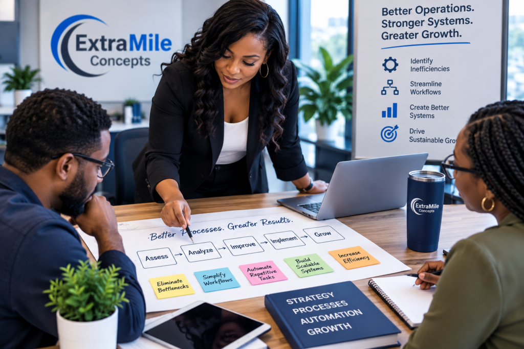 Black business consultant working with a team on business process improvement and workflow planning.