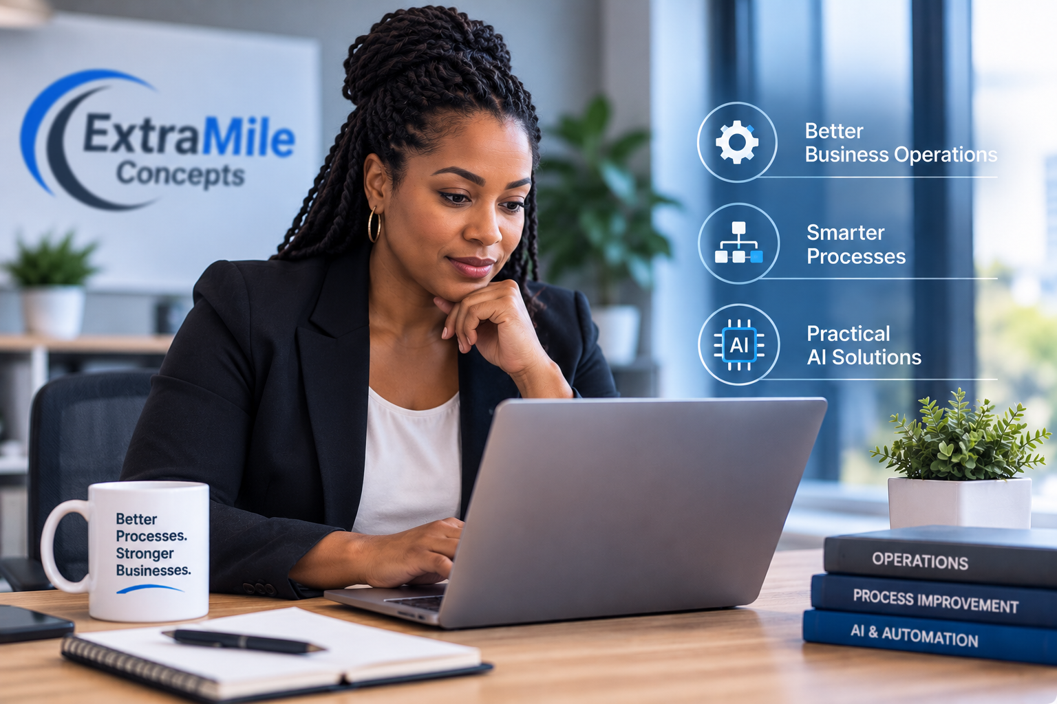 Black woman using AI and business process solutions to improve business operations